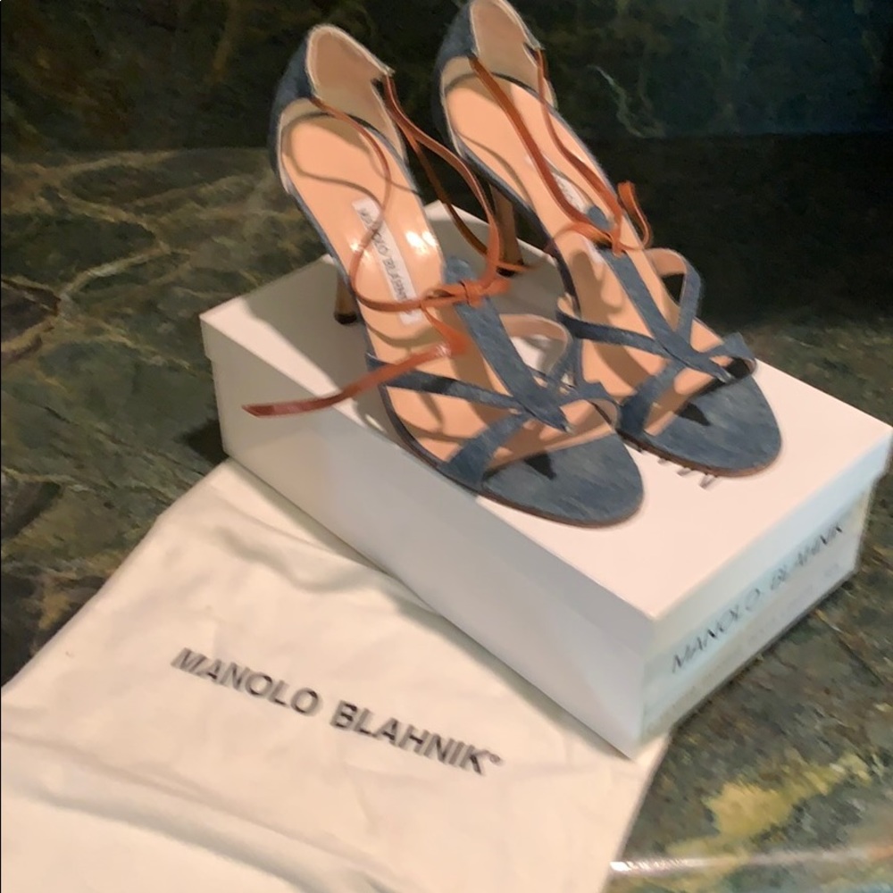 Manolo Blahnik denim and leather strappy heels
